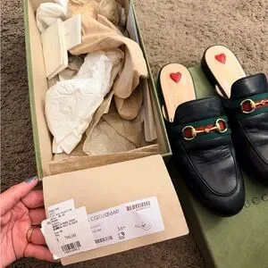 Gucci | Shoes | Gucci Black Leather Mules With Green And Red  display picture 3